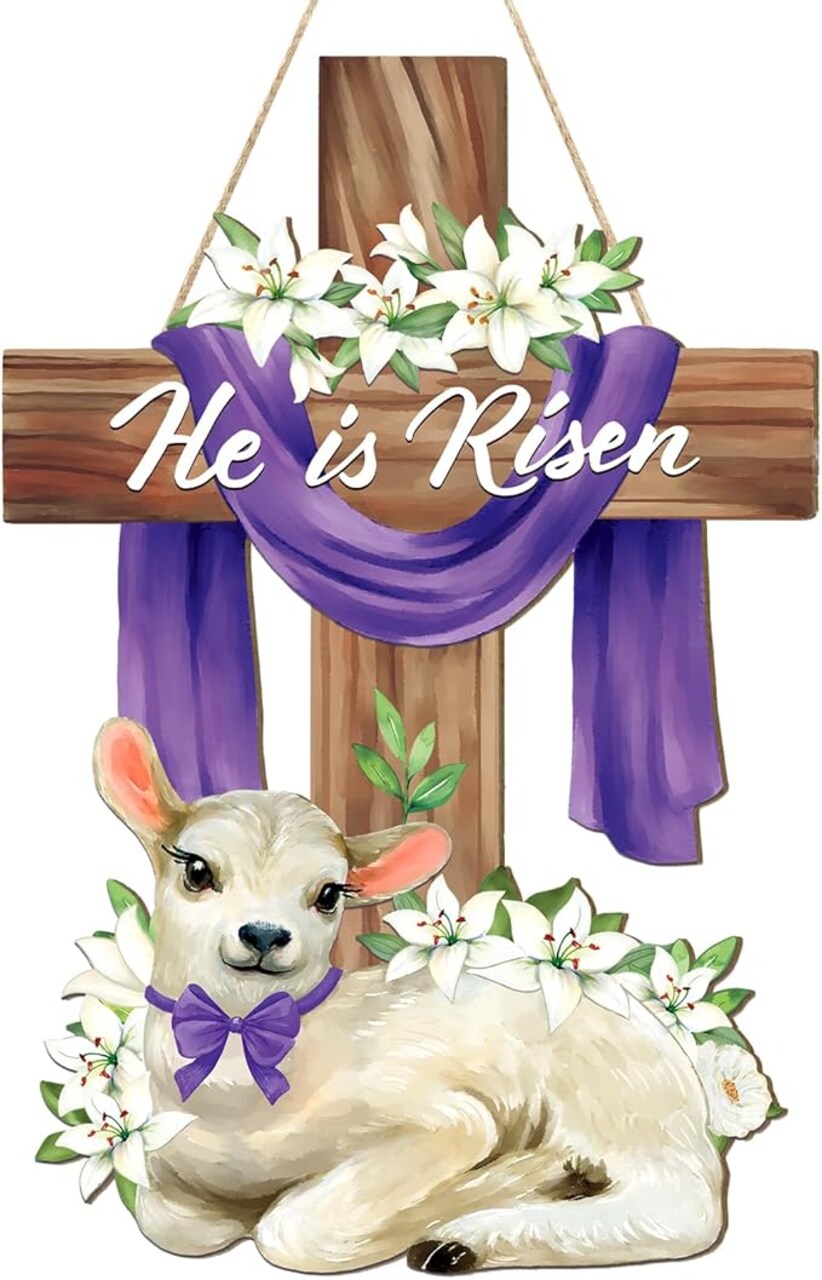 He is Risen Easter Decoration Wooden Wreaths for Front Door Sign Cross Sign Door Wall Signs, Sheep Christian Jesus Lily Flowers Ornaments Hanging Crafts for Spring Home Farmhouse Party Porch Decor